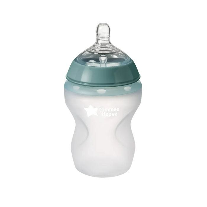 9fl oz silicone baby bottle on white background.