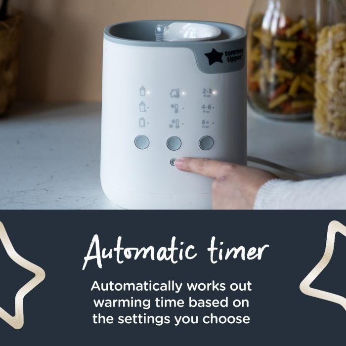 Someone pressing a button on their bottle warmer with text about the automatic timer