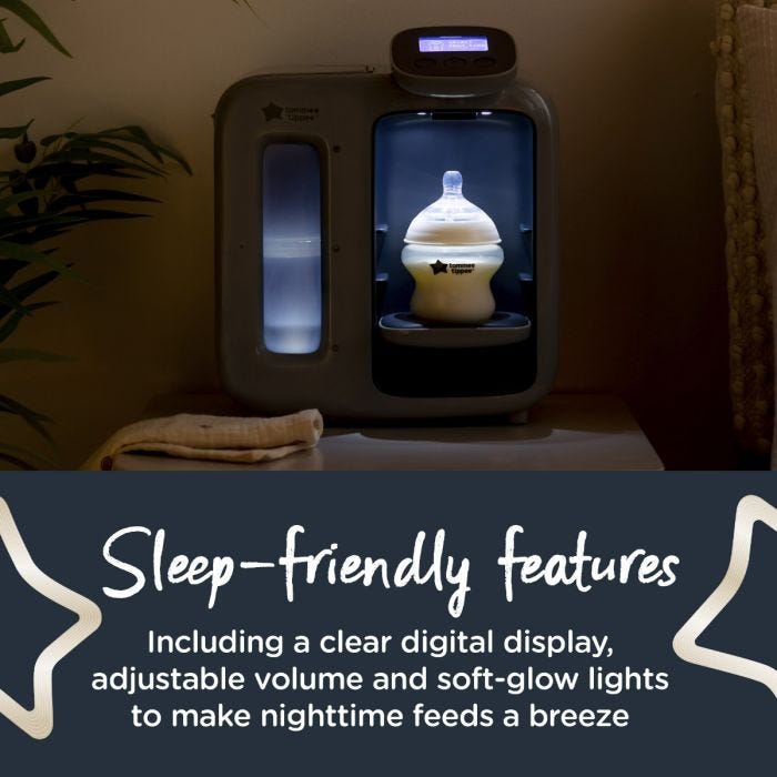White Perfect Prep machine on bedside table at nighttime with text about its sleep friendly features