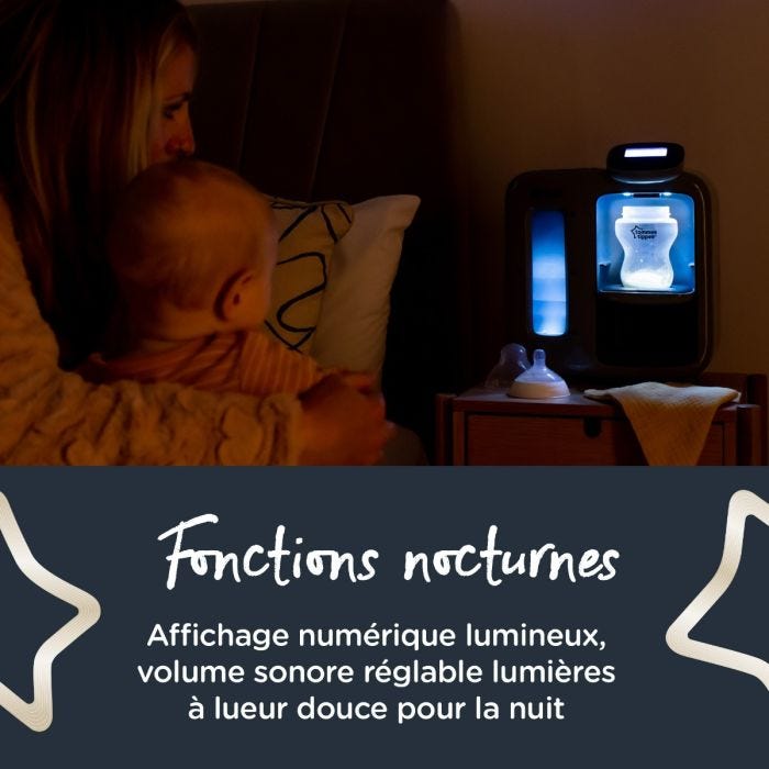 Un préparateur de biberons Prep Perfect noir sur une table de chevet la nuit avec un texte sur ses fonctions nocturnes