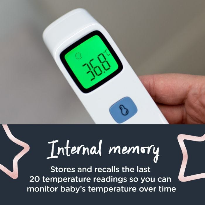 INTERNAL MEMORY Close up of thermometer with screen illuminated green showing 36.8 degrees and the memory icon.