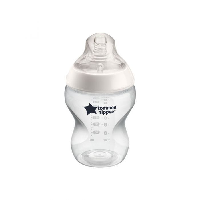 1x 260ml Closer to Nature baby bottle with cream screwring on a white background.