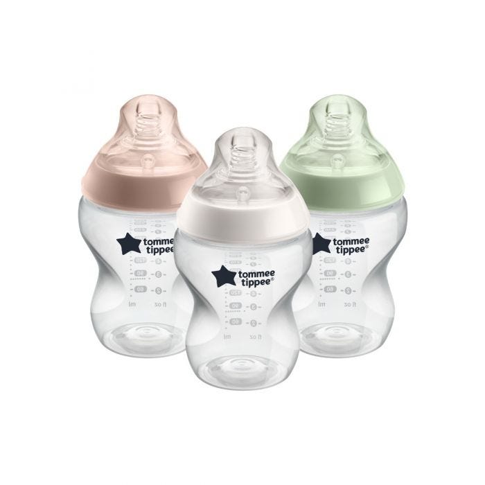 3x 260ml Closer to Nature baby bottles with green, cream and pink screwrings on a white background.