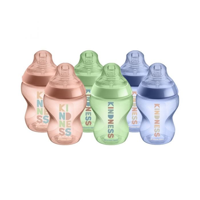 6x 260ml Be Kind Closer to Nature baby bottles in pink, green and blue on a white background.
