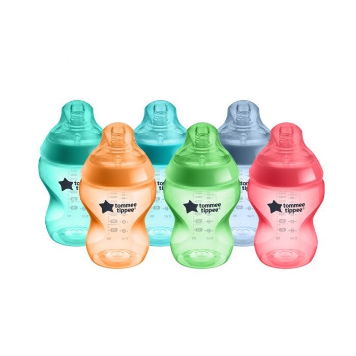 6x 260ml Closer to Nature baby bottles in various bright colours on a white background.