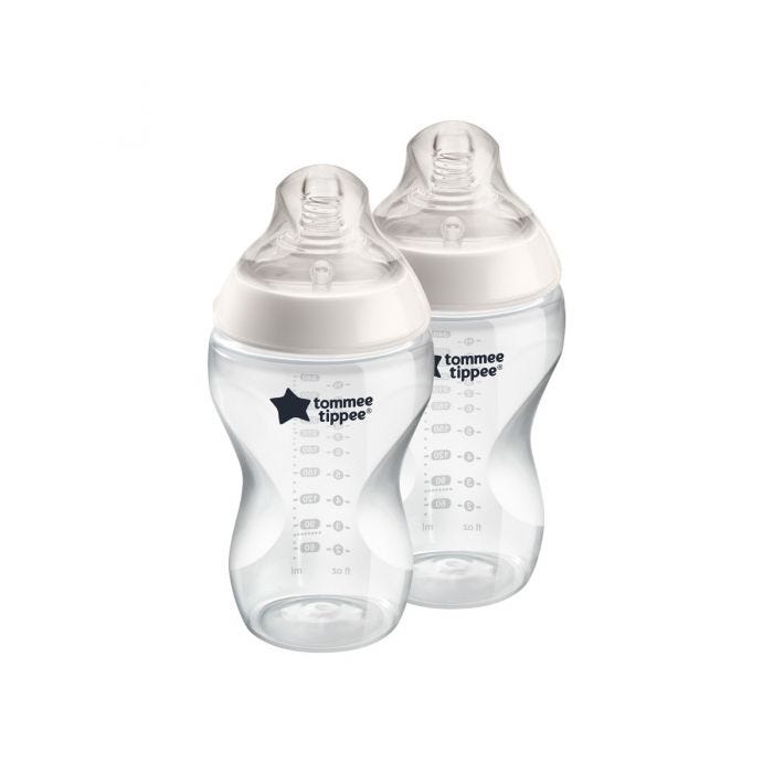 2x 340ml Closer to Nature baby bottles with cream screwrings on a white background.
