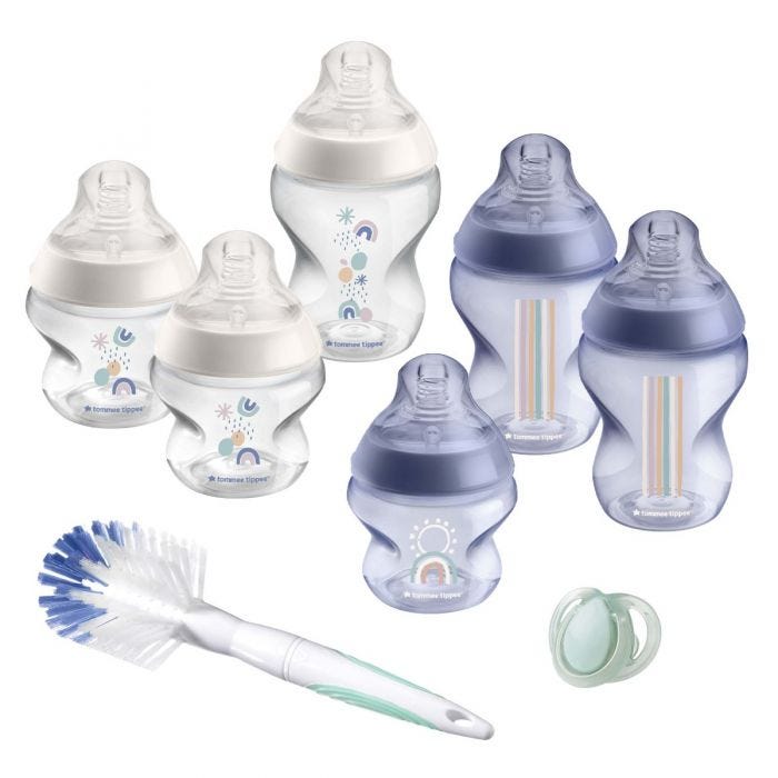Clear and blue Closer to Nature Baby Bottle Starter Set with 6x bottles, brush, 1x soother on a white background.