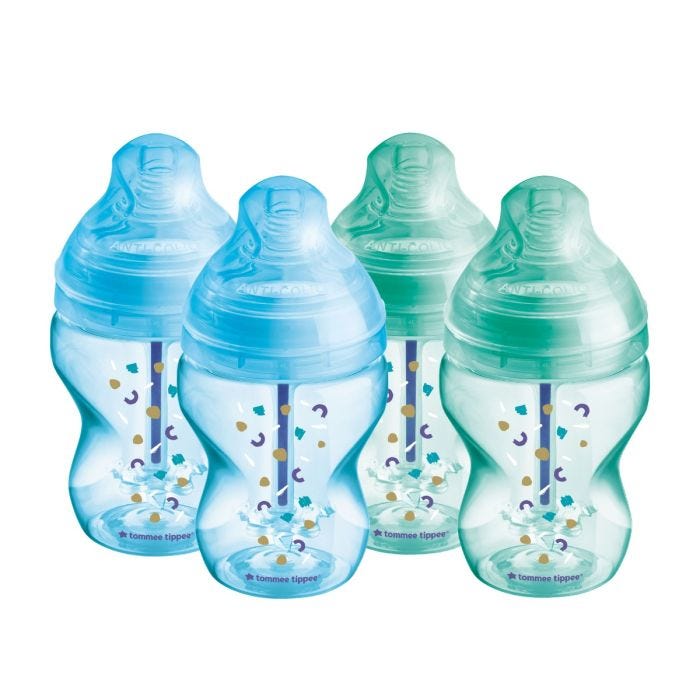 4x 9fl oz blue and green Advanced Anti-Colic baby bottles on a white background.