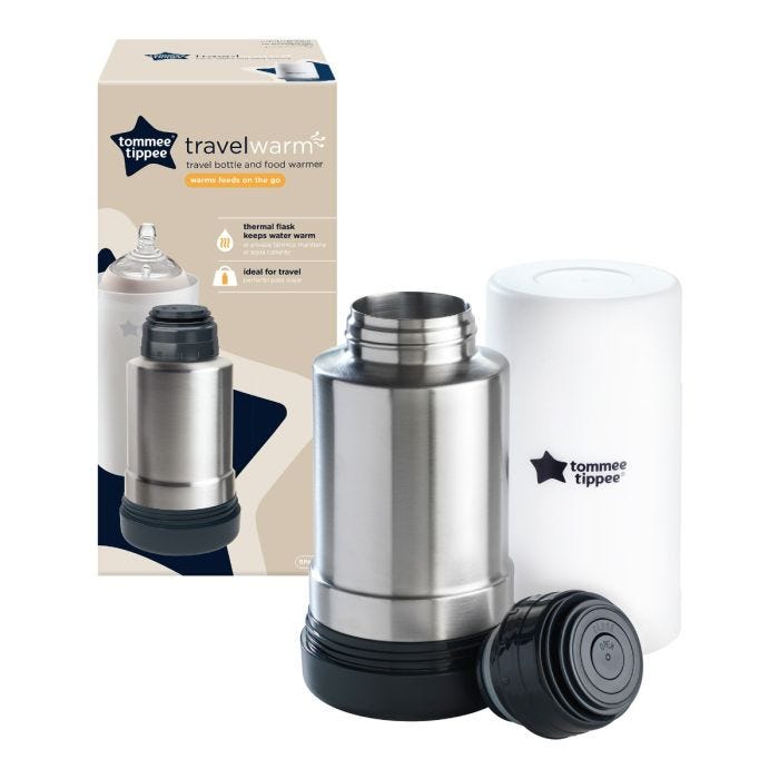 Travel bottle warmer with frosted base and packaging against a white background