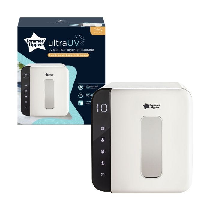 White UV steriliser and its packaging box against a white background