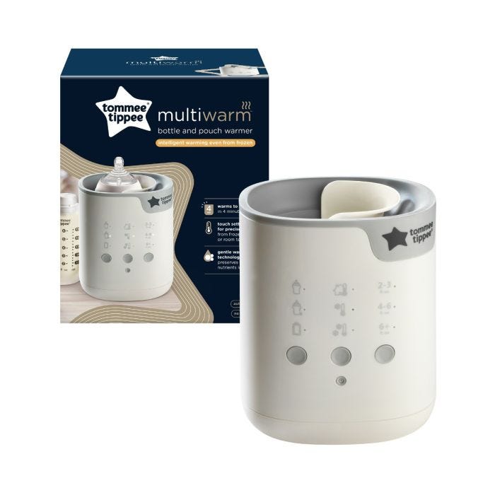 Multiwarm bottle warmer and its packaging box against a white background