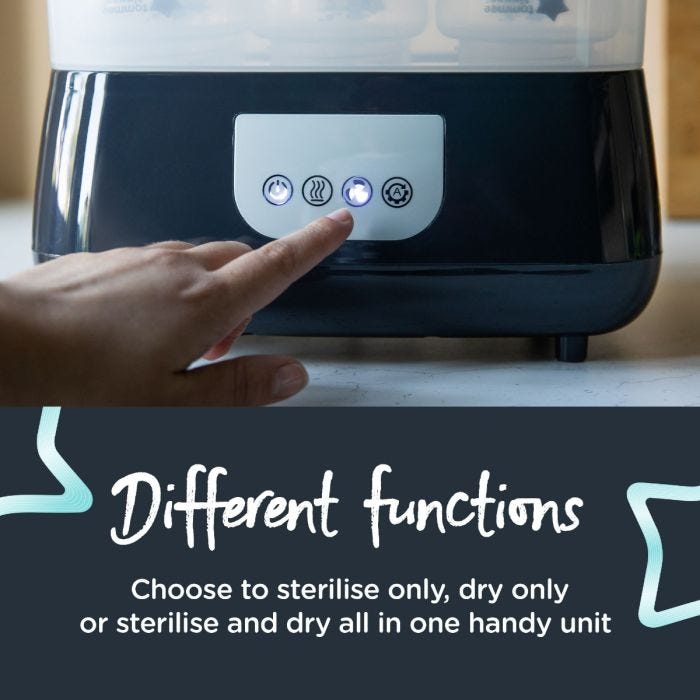 Someone pressing a button on their Steridryer with text about its three different settings