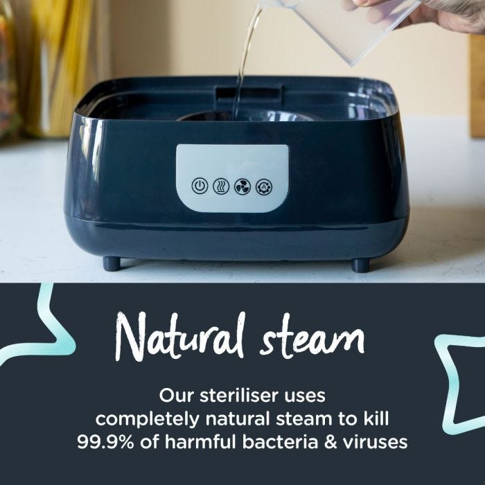 Someone pouring water into the base of their Steridryer with text about how it uses natural steam to kill viruses