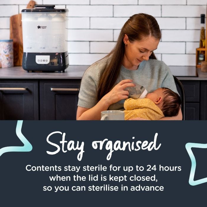 Woman feeding her baby in the kitchen with a Steridryer behind her and text about staying organised