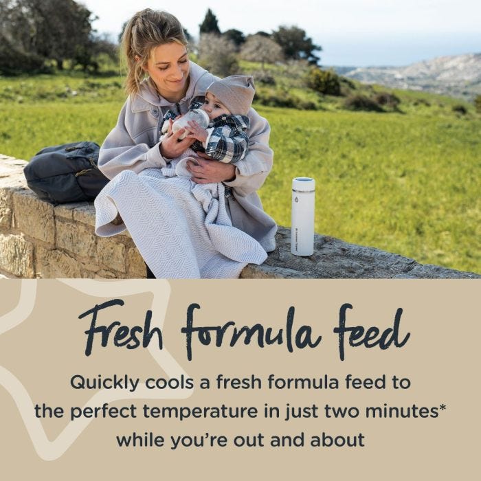 Woman pouring a formula feed into a sterile baby bottle with text about making a fresh formula feed