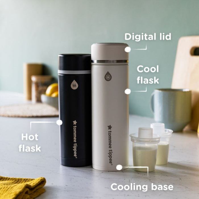 Hot and cool flask on a kitchen counter with pointers to the cooling base and digital lid