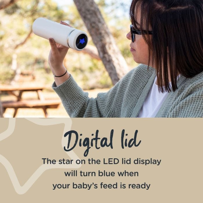 Close up of a blue star on the digital lid with text about how to know when your baby’s feed is ready