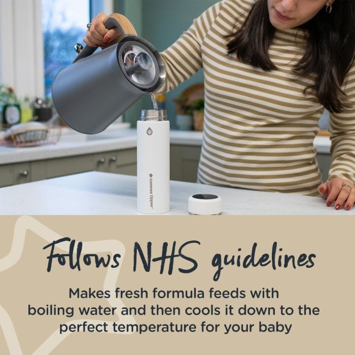 Woman pouring boiling water from the kettle into her cool flask with text about how it follows NHS guidelines