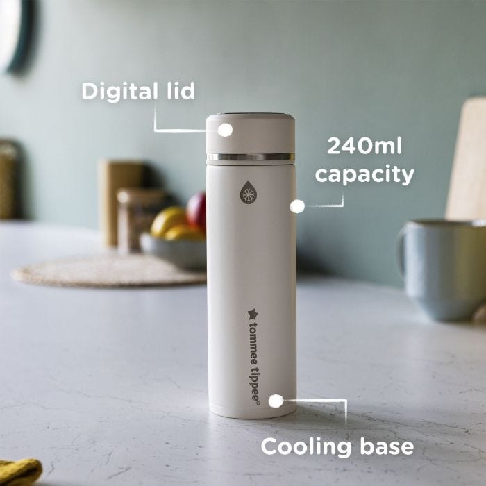 Cooling flask on a kitchen counter with pointers to its digital lid, 240ml capacity and cool base