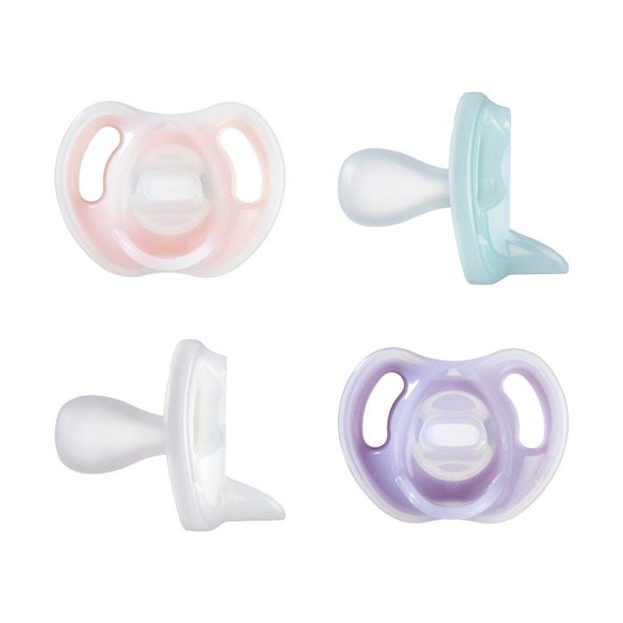 2 sucettes sur fond blanc, adaptées aux 0-6 m, pack de 4, sans BPA.