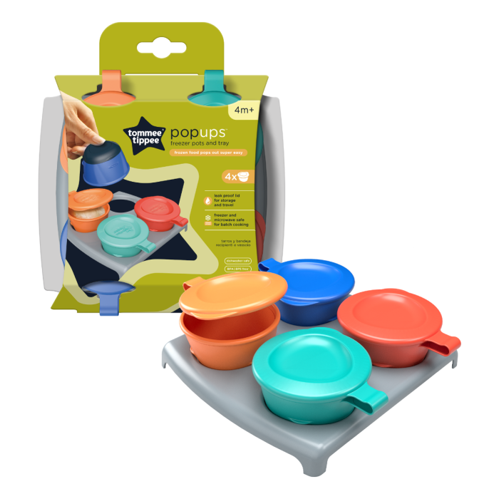Freezer pots and tray in their packaging against a white background