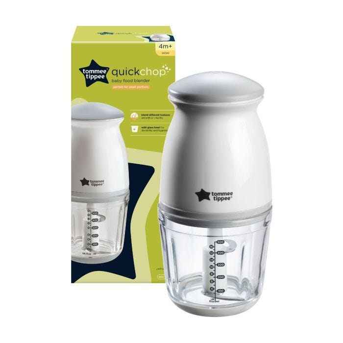 Mini baby food blender with its packaging box against a white background