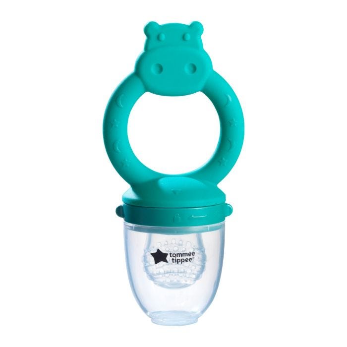 Teal fresh food feeder with cap on against a white background