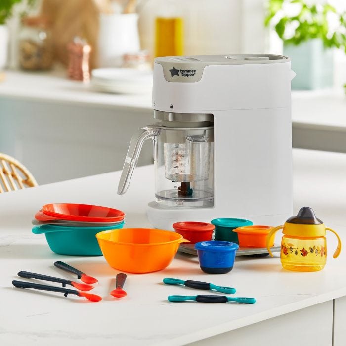 Products included in the ultimate weaning bundle. Including quick cook baby food maker and weaning accessories in kitchen,