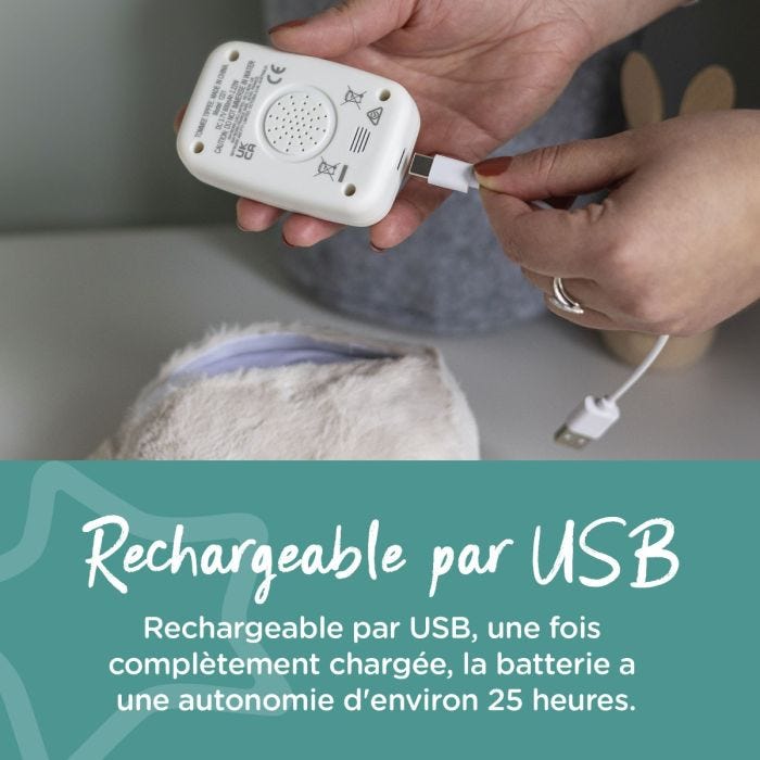 Batterie branchée sur un câble à côté d&apos;un texte indiquant que l&apos;aide au sommeil est rechargeable par USB.