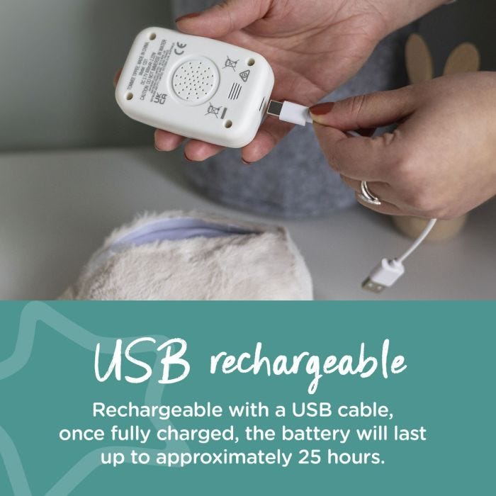Battery pack being plugged into cable next to text stating that it is USB rechargeable.