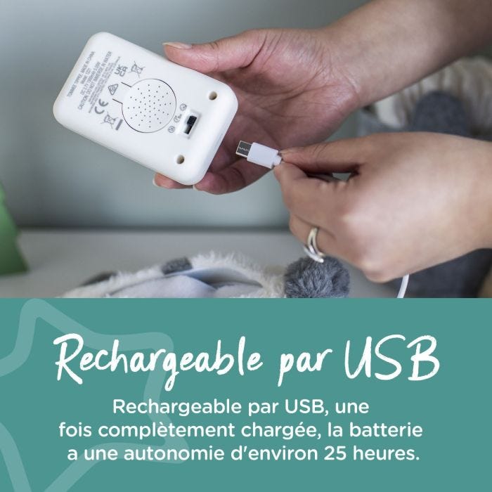 Batterie branchée sur un câble à côté d&apos;un texte indiquant que l&apos;aide au sommeil est rechargeable par USB.