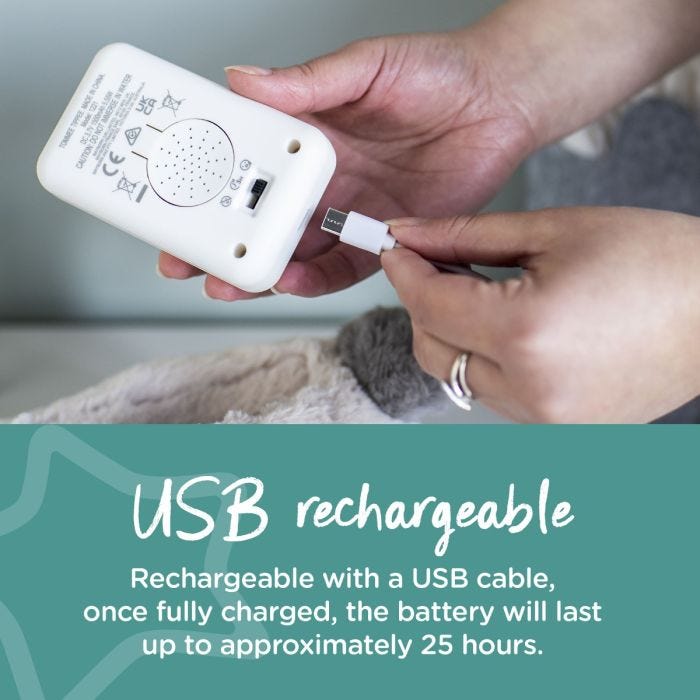Battery pack being plugged into cable next to text stating that it is USB rechargeable.