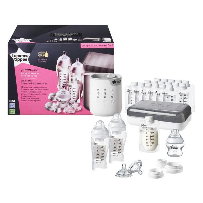 pump-and-go-all-in-one-set-including-bottle-warmer-milk-pouches-pouch-feeding-bottles-closer-to-nature-bottle-and-teats-breast-pump-adapter-set-with-packaging-in-background