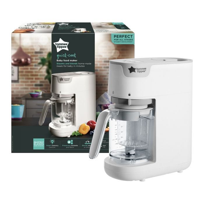 Quick-cook-baby-food-maker-in-white-with-tommee-tippee-logo-and-clear-blender-jug-in-front-of-packaging