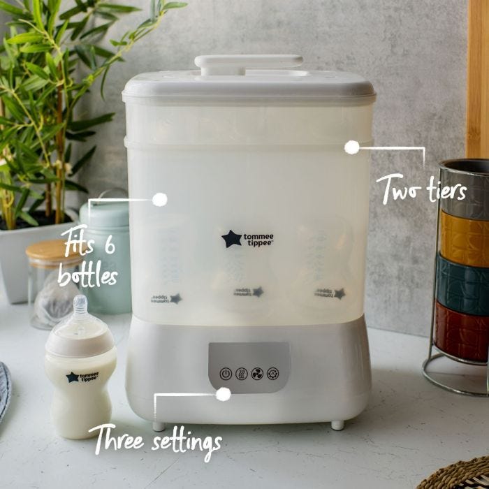 White Steridryer with pointers to its three settings and tiered rack