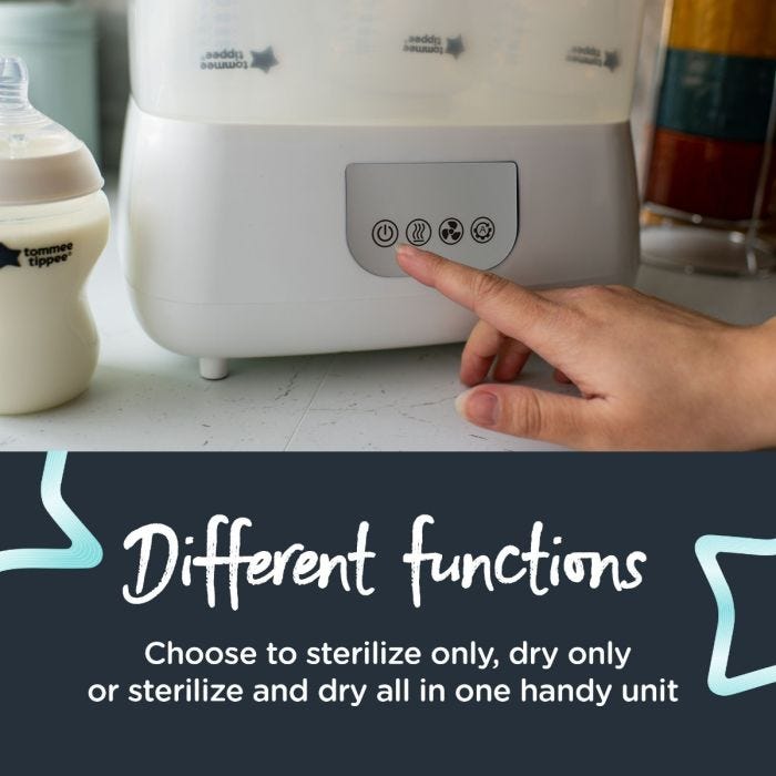 Someone pressing a button on their Steridryer with text about its three different settings