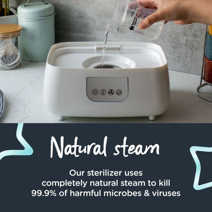 Someone pouring water into the base of their Steridryer with text about how it uses natural steam to kill viruses