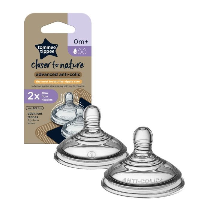 2x slow flow Closer to Nature Advanced Anti-Colic baby bottle nipples on a white background.