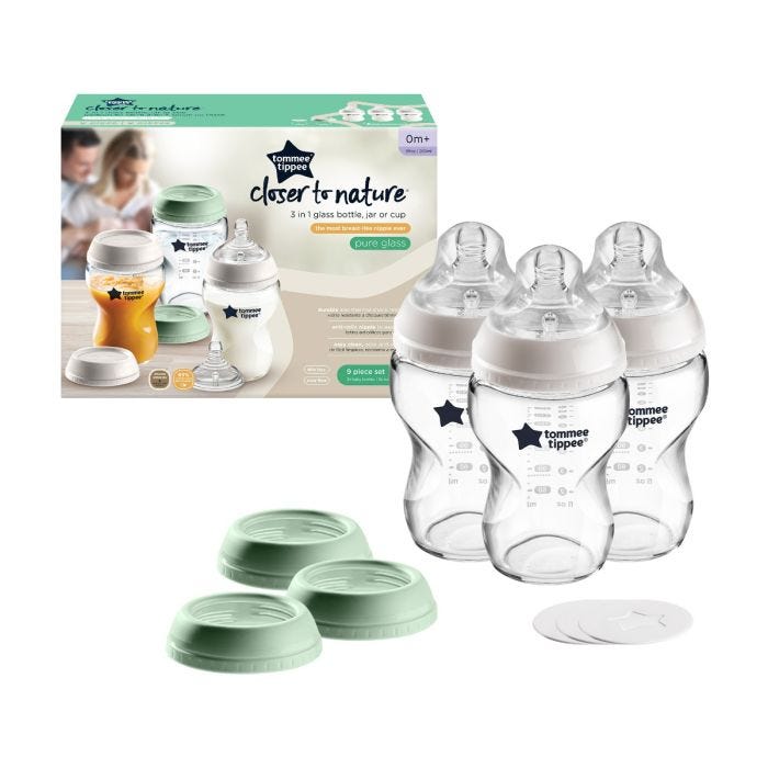 Closer to Nature glass bottle converter set next to packaging on white background.