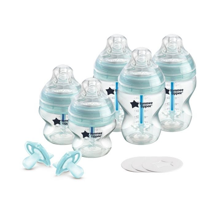 Fussy Baby Advanced Anti-Colic baby bottle set on white background.