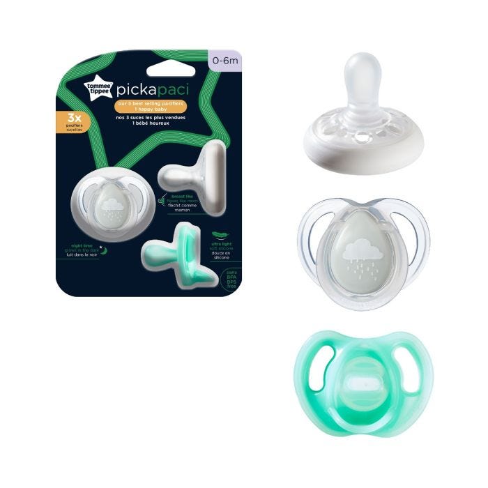 1x Breast-like, 1x Ultra-light and 1x Nighttime pacifier next to packaging on a white background