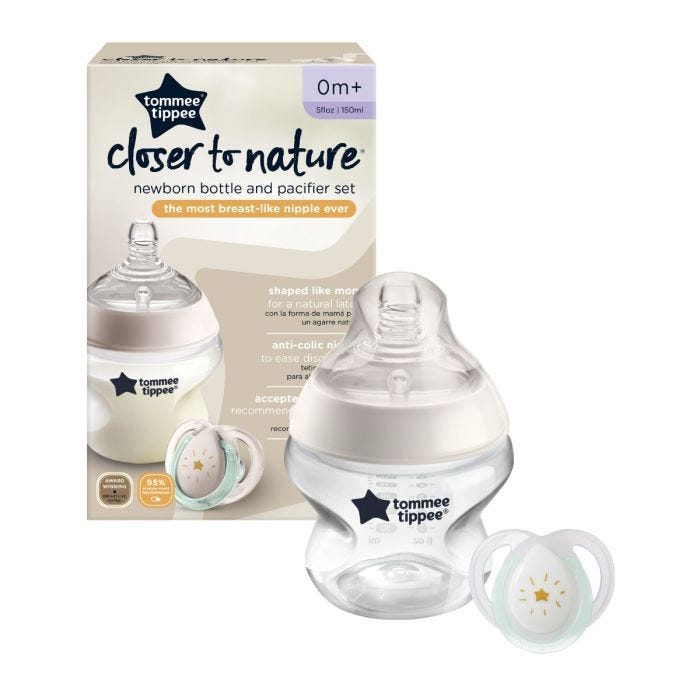 1x 5oz Closer to Nature baby bottle and pacifier next to packaging on white background.