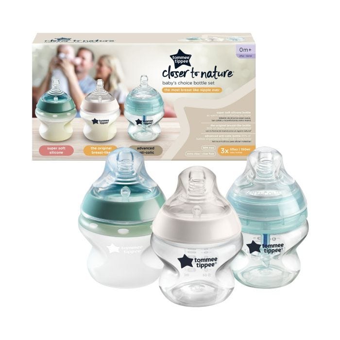 1x silicone, 1x Closer to Nature and 1x Advanced Anti-Colic 5oz baby bottle next to packaging on white background.