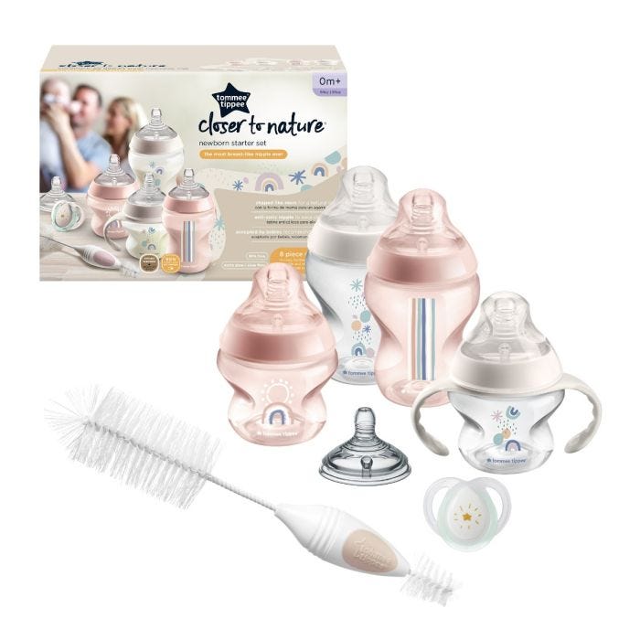 Closer to Nature Baby Bottle Newborn Starter Set next to packaging on white background.