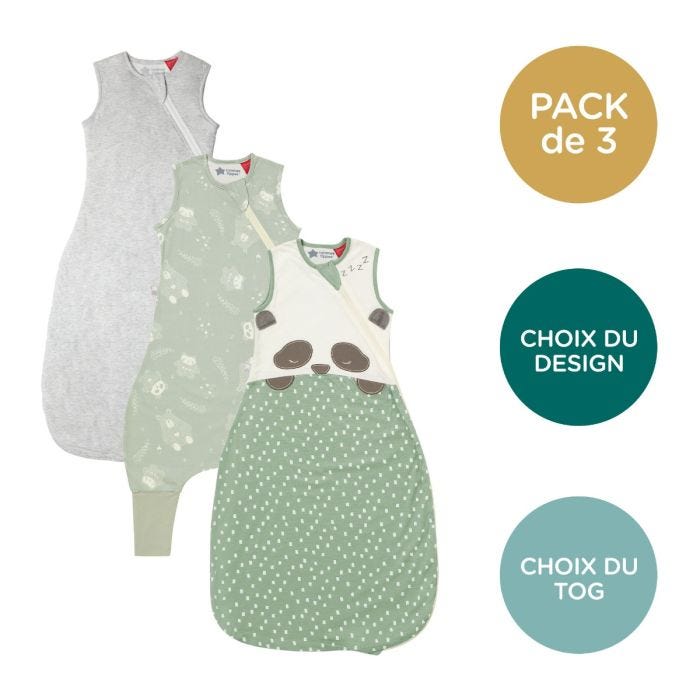 gigoteuse avec Pippo endormi de couleur grise et steppee grofriend woodland sur fond blanc avec lot de 3, choix des motifs et tog en médaillons