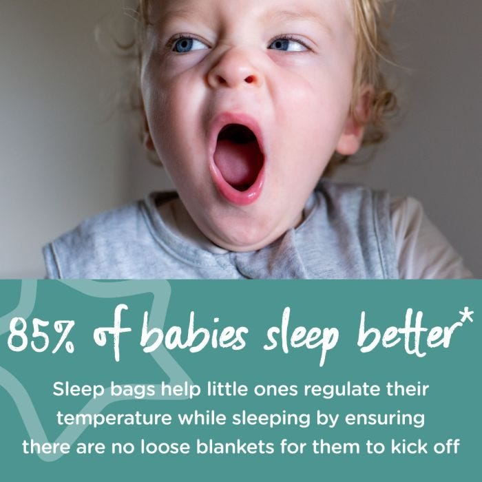 Baby yawning with text about how 85% of babies sleep better in our sleepbags