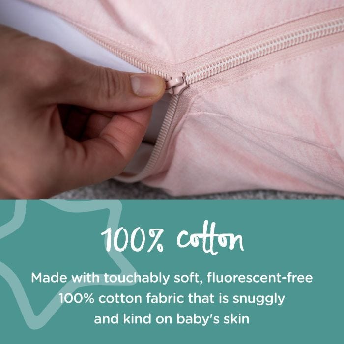 Parent putting steppe sleepsuit on child with text about how it is made from 100% cotton