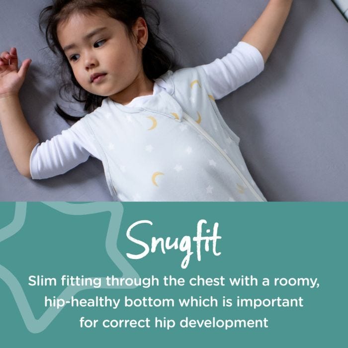 Child lay down in grey steppee with text about how it has a snugfit for correct hip development