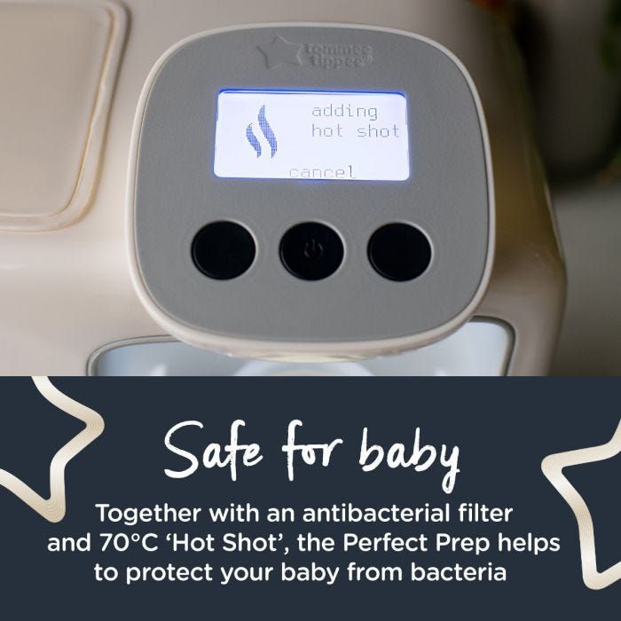 Close up of Perfect Prep’s digital display screen with text about how it’s safe for your baby