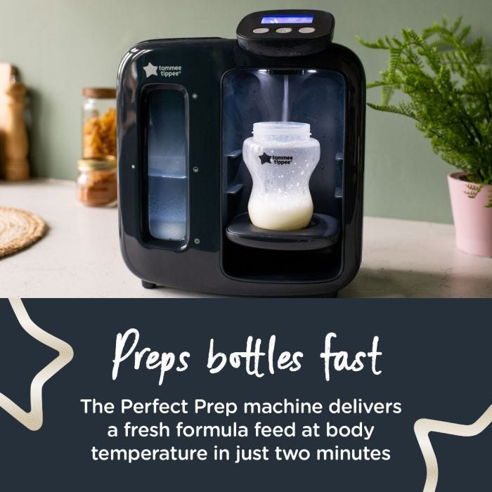 Black Perfect Prep machine on kitchen counter with text about how it preps bottle fast